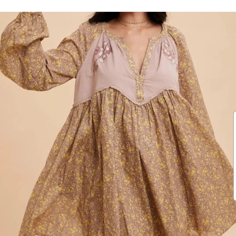 Boutique Cotton Embroidered Long Sleeve Babydoll Dress In Fawn - Picture 2 of 11